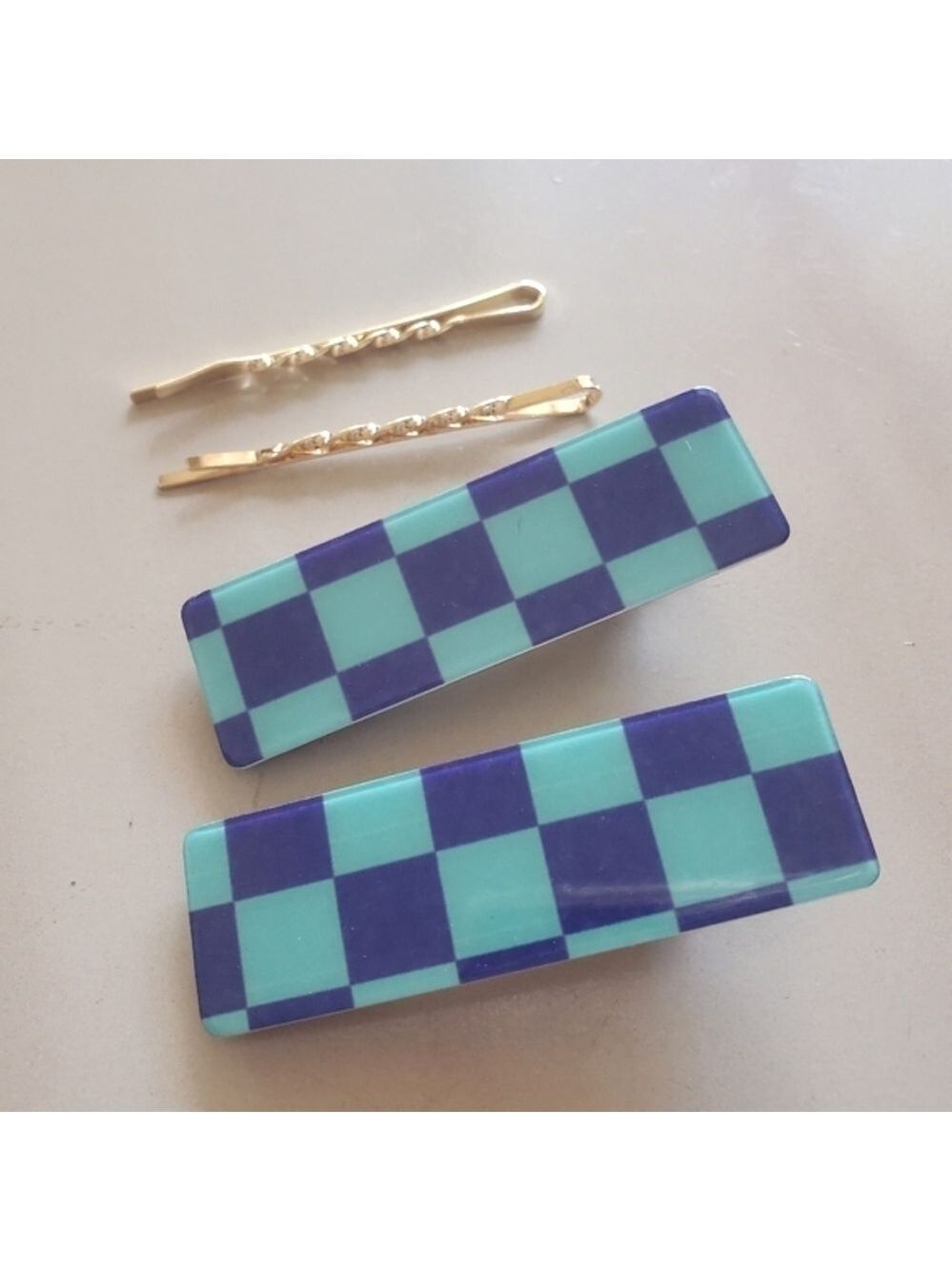 NEW Trendy Set 4 Blue Checkered Hair Clips